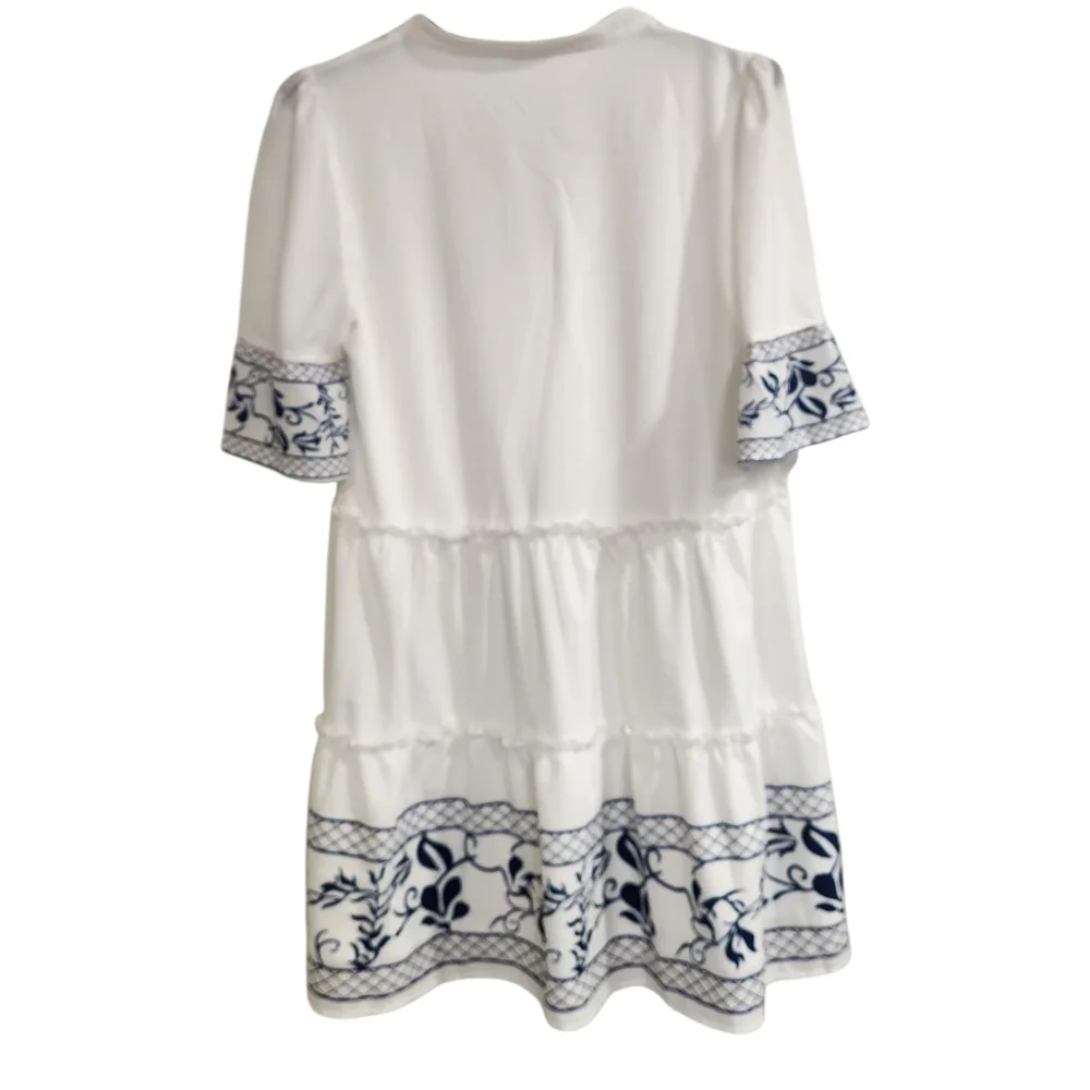 Cupshe Womens Sz XL Above Knee Dress White Navy V Neck Tiered Coastal Beach